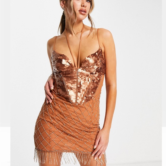 NWT ASOS Bronze Sequin Embellished Butterfly Mesh Fringe Beaded Mini Dress - Picture 10 of 13